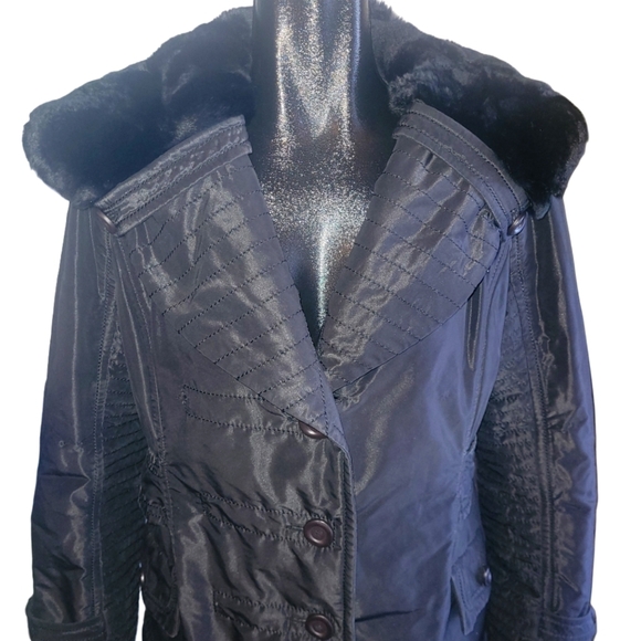 Evoluzione by Rosa Mori Black Winter Coat with Rabbit Fur Collar L - Picture 1 of 8